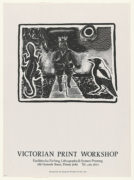 Artist: b'Francis, David.' | Title: b'Victorian Print Workshop. Facilities for etching, lithography and screenprinting. 188 Gertrude street, Fitzroy.....' | Date: 1985? | Technique: b'offset-lithograph, printed in black ink, from one stone' Artist: b'Francis, David.' | Title: b'Victorian Print Workshop. Facilities for etching, lithography and screenprinting. 188 Gertrude street, Fitzroy.....' | Date: 1985? | Technique: b'offset-lithograph, printed in black ink, from one stone'