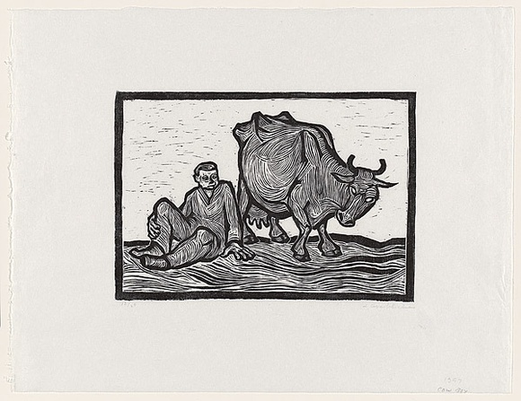 Artist: b'Groblicka, Lidia.' | Title: b'Cow boy' | Date: 1957 | Technique: b'woodcut, printed in black ink, from one pear wood block' Artist: b'Groblicka, Lidia.' | Title: b'Cow boy' | Date: 1957 | Technique: b'woodcut, printed in black ink, from one pear wood block'