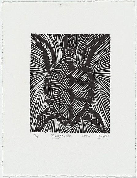 Artist: b'Lindsay (Sale), Joe.' | Title: b'Fonu / Turtle' | Date: 1995 | Technique: b'woodcut, printed in black ink, from one block' Artist: b'Lindsay (Sale), Joe.' | Title: b'Fonu / Turtle' | Date: 1995 | Technique: b'woodcut, printed in black ink, from one block'