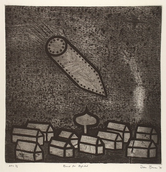 Artist: b'Bowen, Dean.' | Title: b'Bound for Baghdad' | Date: 1991 | Technique: b'etching, printed in black ink, from one plate' Artist: b'Bowen, Dean.' | Title: b'Bound for Baghdad' | Date: 1991 | Technique: b'etching, printed in black ink, from one plate'