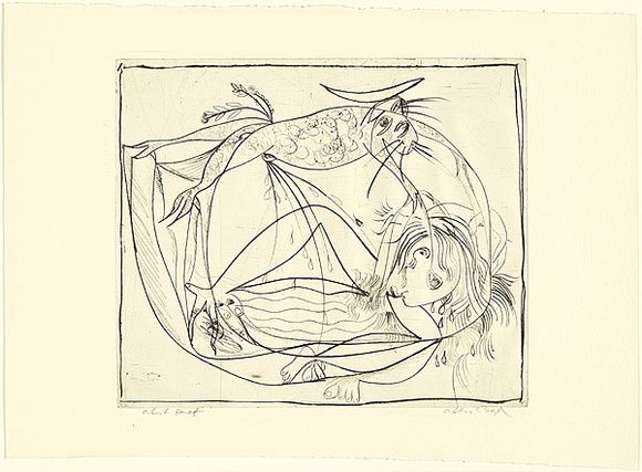 Artist: b'BOYD, Arthur' | Title: b'Nude unveiled by a dog.' | Date: (1962-63) | Technique: b'drypoint, printed in black ink, from one plate' | Copyright: b'Reproduced with permission of Bundanon Trust' Artist: b'BOYD, Arthur' | Title: b'Nude unveiled by a dog.' | Date: (1962-63) | Technique: b'drypoint, printed in black ink, from one plate' | Copyright: b'Reproduced with permission of Bundanon Trust'
