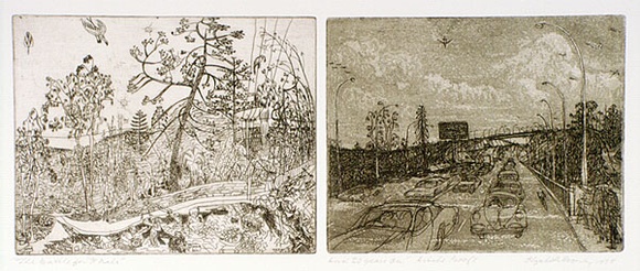 Artist: b'Rooney, Elizabeth.' | Title: b'The battle for St. Malo. And 20 years on' | Date: 1978 | Technique: b'etching and aquatint, printed in green ink, each from one plate' Artist: b'Rooney, Elizabeth.' | Title: b'The battle for St. Malo. And 20 years on' | Date: 1978 | Technique: b'etching and aquatint, printed in green ink, each from one plate'