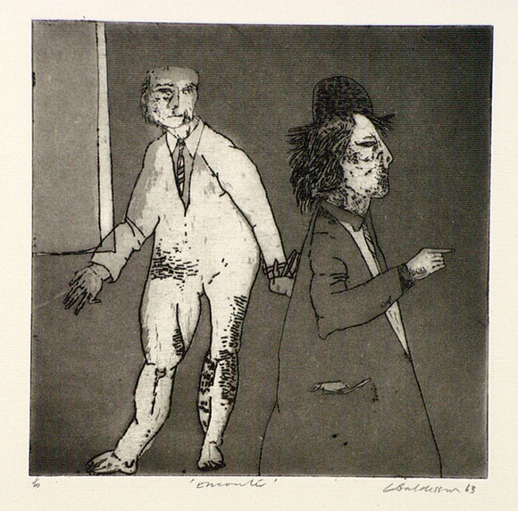 Artist: b'BALDESSIN, George' | Title: b'Encounter.' | Date: 1963 | Technique: b'etching and aquatint, printed in black ink, from one plate' Artist: b'BALDESSIN, George' | Title: b'Encounter.' | Date: 1963 | Technique: b'etching and aquatint, printed in black ink, from one plate'