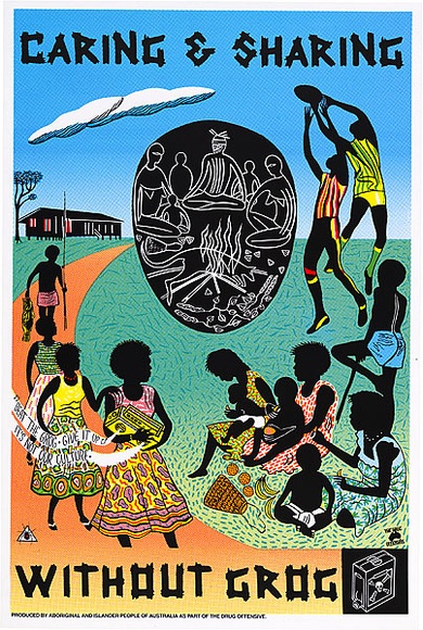 Artist: b'REDBACK GRAPHIX' | Title: b'Caring and sharing without grog' | Date: 1987 | Technique: b'screenprint, printed in colour, from four stencils' | Copyright: b'\xc2\xa9 Marie McMahon. Licensed by VISCOPY, Australia' Artist: b'REDBACK GRAPHIX' | Title: b'Caring and sharing without grog' | Date: 1987 | Technique: b'screenprint, printed in colour, from four stencils' | Copyright: b'\xc2\xa9 Marie McMahon. Licensed by VISCOPY, Australia'
