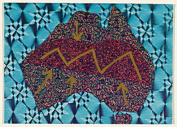 Artist: b'McDiarmid, David.' | Title: bPostcard (Australia and Ayer's Rock) | Date: 1985 | Technique: b'screenprint, printed in colour, from multiple stencils; collage' | Copyright: b'Courtesy of copyright owner, Merlene Gibson (sister)' Artist: b'McDiarmid, David.' | Title: bPostcard (Australia and Ayer's Rock) | Date: 1985 | Technique: b'screenprint, printed in colour, from multiple stencils; collage' | Copyright: b'Courtesy of copyright owner, Merlene Gibson (sister)'