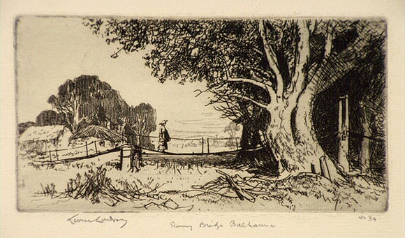 Artist: LINDSAY, Lionel | Title: Swing bridge, Balhanna, South Australia | Date: 1920 | Technique: etching, printed in black ink, from one plate | Copyright: Courtesy of the National Library of Australia Artist: LINDSAY, Lionel | Title: Swing bridge, Balhanna, South Australia | Date: 1920 | Technique: etching, printed in black ink, from one plate | Copyright: Courtesy of the National Library of Australia