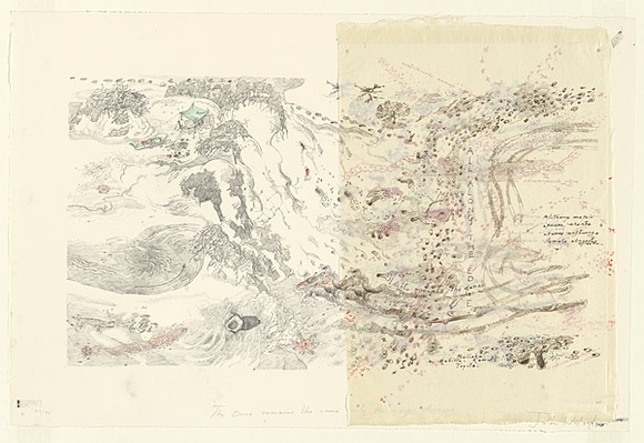 Artist: b'Wolseley, John.' | Title: b'The dune remains the same, only the margin changes' | Date: 1992-93 | Technique: b'lithograph, printed in colour, from multiple plates; overlaid on two sheets of paper' | Copyright: b'\xc2\xa9 John Wolseley. Licensed by VISCOPY, Australia' Artist: b'Wolseley, John.' | Title: b'The dune remains the same, only the margin changes' | Date: 1992-93 | Technique: b'lithograph, printed in colour, from multiple plates; overlaid on two sheets of paper' | Copyright: b'\xc2\xa9 John Wolseley. Licensed by VISCOPY, Australia'