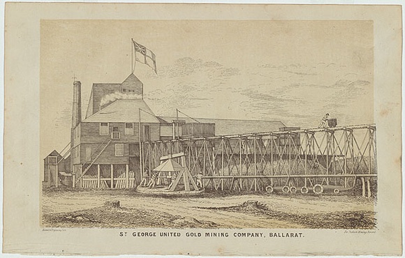 Artist: b'Hamel, Julius.' | Title: b'St George United Gold Mining Company, Ballarat.' | Date: 1867 | Technique: b'lithograph, printed in colour, from two stones' Artist: b'Hamel, Julius.' | Title: b'St George United Gold Mining Company, Ballarat.' | Date: 1867 | Technique: b'lithograph, printed in colour, from two stones'