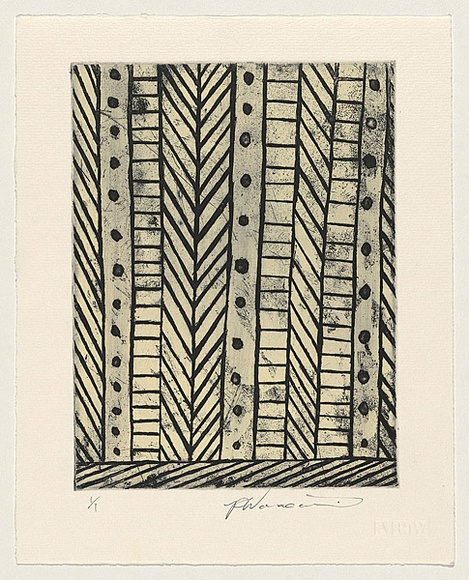 Title: b'Untitled.' | Date: 1999 | Technique: b'etching, printed in black and cream in intaglio and relief, from one plate' | Copyright: b'\xc2\xa9 Pedro Wonaeamirri, Jilamara Arts and Craft' Title: b'Untitled.' | Date: 1999 | Technique: b'etching, printed in black and cream in intaglio and relief, from one plate' | Copyright: b'\xc2\xa9 Pedro Wonaeamirri, Jilamara Arts and Craft'