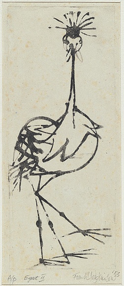 Artist: b'Hodgkinson, Frank.' | Title: b'Egret II' | Date: 1953 | Technique: b'sugar lift aquatint, printed in black ink, from one plate' Artist: b'Hodgkinson, Frank.' | Title: b'Egret II' | Date: 1953 | Technique: b'sugar lift aquatint, printed in black ink, from one plate'