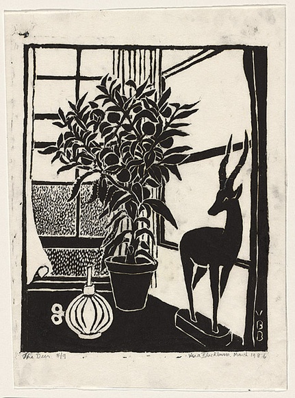 Artist: b'Blackburn, Vera.' | Title: b'The deer.' | Date: 1986 | Technique: b'linocut, printed in black ink, from one block' | Copyright: b'\xc2\xa9 Vera Blackburn' Artist: b'Blackburn, Vera.' | Title: b'The deer.' | Date: 1986 | Technique: b'linocut, printed in black ink, from one block' | Copyright: b'\xc2\xa9 Vera Blackburn'