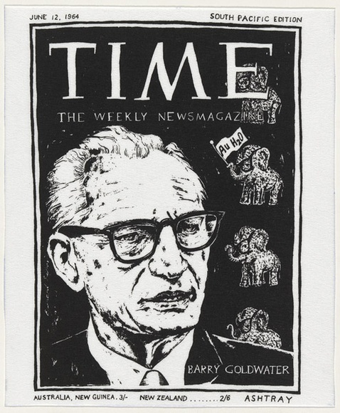 Artist: b'WORSTEAD, Paul' | Title: b'South Pacific edition - June 12, 1964 TIME - The weekly news magazine (Barry Goldwater)' | Date: 1988 | Technique: b'screenprint, printed in black ink, from one stencil' | Copyright: b'This work appears on screen courtesy of the artist' Artist: b'WORSTEAD, Paul' | Title: b'South Pacific edition - June 12, 1964 TIME - The weekly news magazine (Barry Goldwater)' | Date: 1988 | Technique: b'screenprint, printed in black ink, from one stencil' | Copyright: b'This work appears on screen courtesy of the artist'