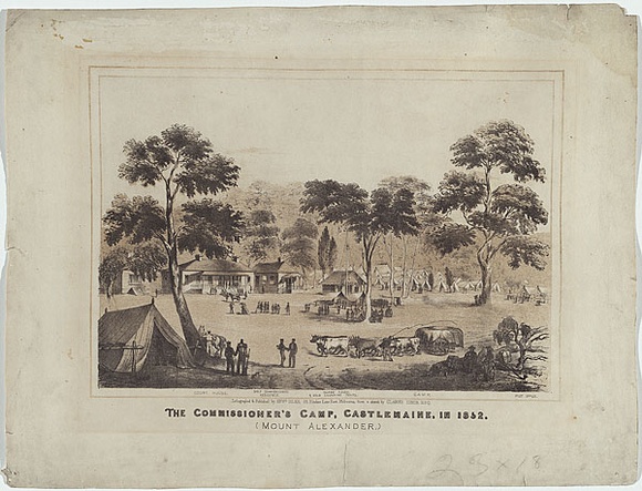 Title: bThe Commissioner's Camp, Castlemaine, in 1852 (Mount Alexander). | Date: c.1853 | Technique: b'lithograph, printed in black ink, from one stone; hand-coloured' Title: bThe Commissioner's Camp, Castlemaine, in 1852 (Mount Alexander). | Date: c.1853 | Technique: b'lithograph, printed in black ink, from one stone; hand-coloured'
