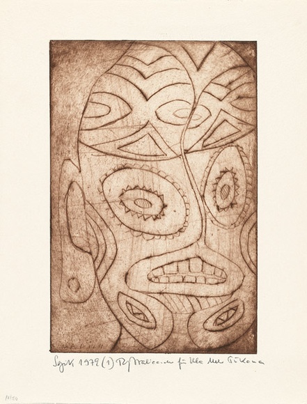 Artist: b'Pokana, Ula Melo.' | Title: b'Maske [Mask]' | Date: 1972 | Technique: b'etching, printed in brown ink, from one plate'