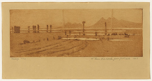 Artist: b'Traill, Jessie.' | Title: b'Mirage' | Date: 1928 | Technique: b'aquatint and etching, printed in brown ink with plate-tone, from one plate' Artist: b'Traill, Jessie.' | Title: b'Mirage' | Date: 1928 | Technique: b'aquatint and etching, printed in brown ink with plate-tone, from one plate'