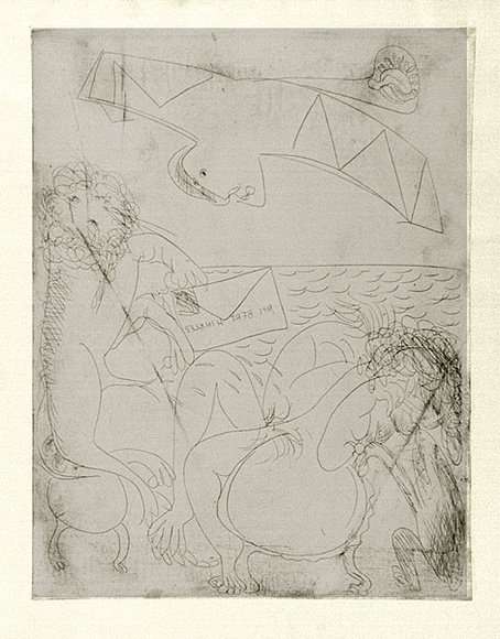 Artist: b'BOYD, Arthur' | Title: b'Bert Hinkler; his wife and lion and letter.' | Date: (1968-69) | Technique: b'etching, printed in black ink, from one plate' | Copyright: b'Reproduced with permission of Bundanon Trust' Artist: b'BOYD, Arthur' | Title: b'Bert Hinkler; his wife and lion and letter.' | Date: (1968-69) | Technique: b'etching, printed in black ink, from one plate' | Copyright: b'Reproduced with permission of Bundanon Trust'