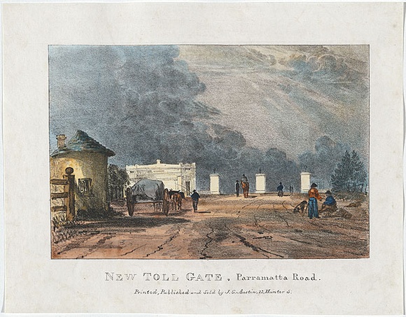 Artist: b'Russell, Robert.' | Title: b'New Toll Gate, Parramatta Road.' | Date: 1836 | Technique: b'lithograph, printed in black ink, from one stone; hand-coloured' Artist: b'Russell, Robert.' | Title: b'New Toll Gate, Parramatta Road.' | Date: 1836 | Technique: b'lithograph, printed in black ink, from one stone; hand-coloured'