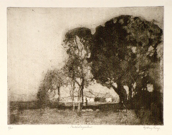 Artist: b'Long, Sydney.' | Title: b'Pastoral aquatint' | Date: 1921 | Technique: b'drypoint, aquatint printted in brown ink from one copper plate' | Copyright: b'Reproduced with the kind permission of the Ophthalmic Research Institute of Australia' Artist: b'Long, Sydney.' | Title: b'Pastoral aquatint' | Date: 1921 | Technique: b'drypoint, aquatint printted in brown ink from one copper plate' | Copyright: b'Reproduced with the kind permission of the Ophthalmic Research Institute of Australia'
