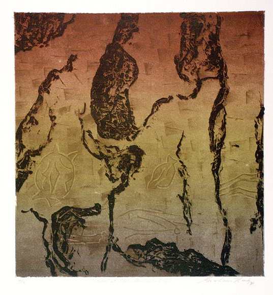 Artist: b'King, Grahame.' | Title: b'Monument at Obiri, Arnhem Land III' | Date: 1981 | Technique: b'lithograph, printed in colour, from three stones [or plates]'