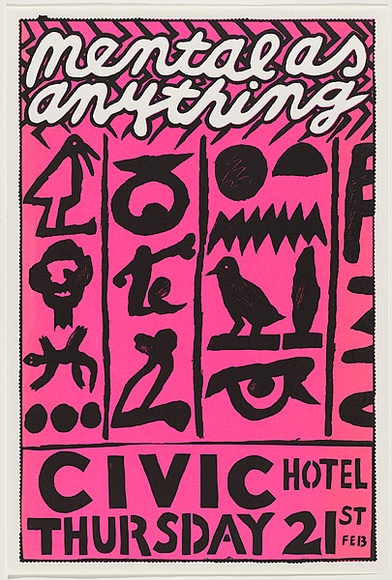 Artist: b'WORSTEAD, Paul' | Title: b'Mental as anything - Civic Hotel' | Date: 1980 | Technique: b'screenprint, printed in colour, from two stencils in orange and black ink' | Copyright: b'This work appears on screen courtesy of the artist' Artist: b'WORSTEAD, Paul' | Title: b'Mental as anything - Civic Hotel' | Date: 1980 | Technique: b'screenprint, printed in colour, from two stencils in orange and black ink' | Copyright: b'This work appears on screen courtesy of the artist'