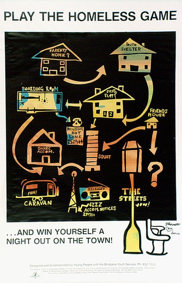 Artist: b'STANNARD, Christopher' | Title: b'Play the Homeless Game ... and win yourself a night out on the town!' | Date: 1989 | Technique: b'screenprint, printed in colour, from multiple screens' Artist: b'STANNARD, Christopher' | Title: b'Play the Homeless Game ... and win yourself a night out on the town!' | Date: 1989 | Technique: b'screenprint, printed in colour, from multiple screens'