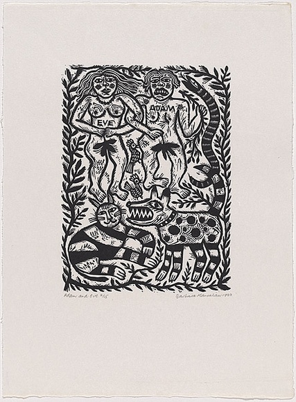 Artist: b'HANRAHAN, Barbara' | Title: b'Adam and Eve' | Date: 1988 | Technique: b'linocut, printed in black ink, from one block' Artist: b'HANRAHAN, Barbara' | Title: b'Adam and Eve' | Date: 1988 | Technique: b'linocut, printed in black ink, from one block'