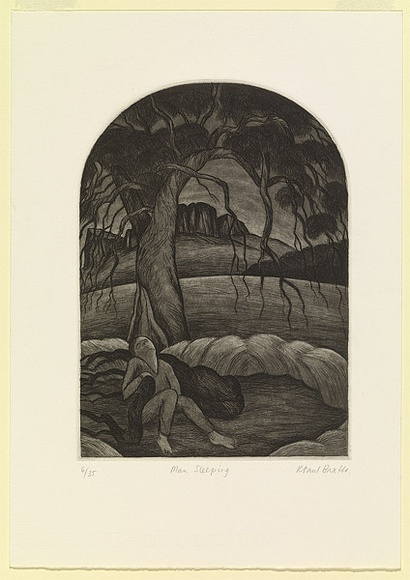 Artist: b'Baxter, Paul.' | Title: b'Man sleeping.' | Date: 1989 | Technique: b'etching, printed in black ink with plate-tone, from one plate' Artist: b'Baxter, Paul.' | Title: b'Man sleeping.' | Date: 1989 | Technique: b'etching, printed in black ink with plate-tone, from one plate'