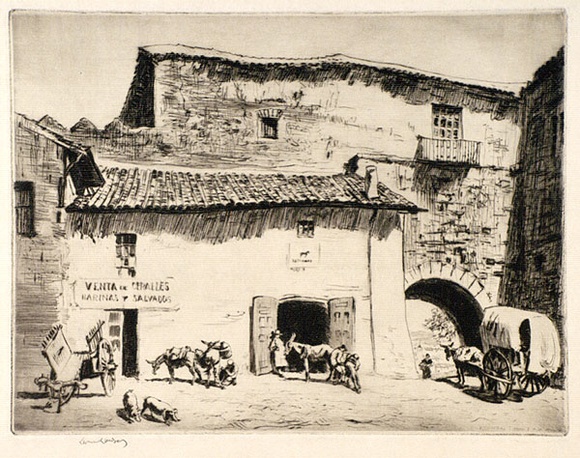 Artist: b'LINDSAY, Lionel' | Title: b'A smithy, Avila, Spain' | Date: 1926 | Technique: b'drypoint, printed in brown ink with plate-tone, from one plate' | Copyright: b'Courtesy of the National Library of Australia' Artist: b'LINDSAY, Lionel' | Title: b'A smithy, Avila, Spain' | Date: 1926 | Technique: b'drypoint, printed in brown ink with plate-tone, from one plate' | Copyright: b'Courtesy of the National Library of Australia'