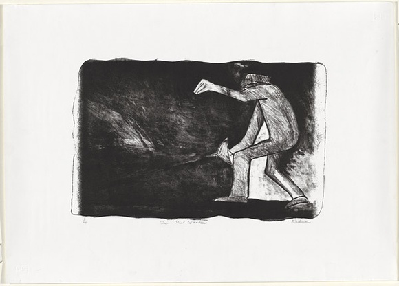 Artist: b'Dickerson, Robert.' | Title: b'The steelworker.' | Date: 1984 | Technique: b'lithograph, printed in black ink, from one stone' Artist: b'Dickerson, Robert.' | Title: b'The steelworker.' | Date: 1984 | Technique: b'lithograph, printed in black ink, from one stone'