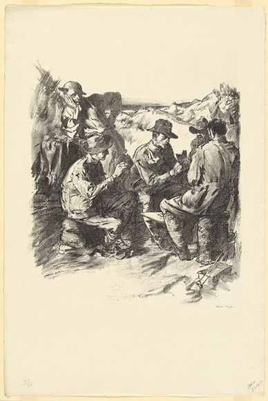 Artist: b'Dyson, Will.' | Title: b'With the tunnellers near Nieuport.' | Date: 1917 | Technique: b'lithograph, printed in black ink, from one stone' Artist: b'Dyson, Will.' | Title: b'With the tunnellers near Nieuport.' | Date: 1917 | Technique: b'lithograph, printed in black ink, from one stone'