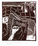 Artist: Wallace-Crabbe, Robin. | Title: not titled [VIII aged Venus ... with cat]. | Date: 1979 | Technique: linocut, printed in brown ink, from one block | Copyright: © Robin Wallace-Crabbe, Licensed by VISCOPY, Australia