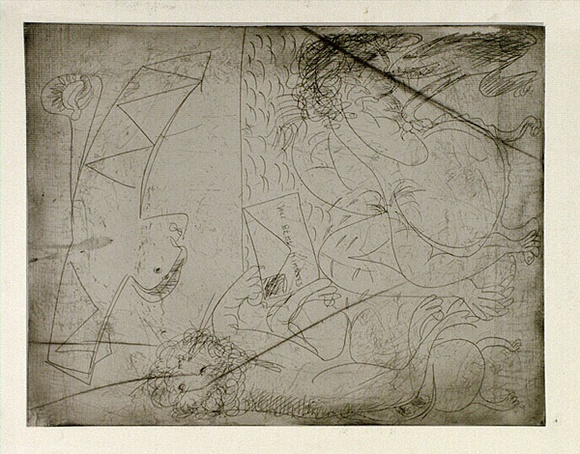 Artist: b'BOYD, Arthur' | Title: b'Bert Hinkler; his wife and lion and letter.' | Date: (1968-69) | Technique: b'etching, printed in black ink, from one plate' | Copyright: b'Reproduced with permission of Bundanon Trust' Artist: b'BOYD, Arthur' | Title: b'Bert Hinkler; his wife and lion and letter.' | Date: (1968-69) | Technique: b'etching, printed in black ink, from one plate' | Copyright: b'Reproduced with permission of Bundanon Trust'