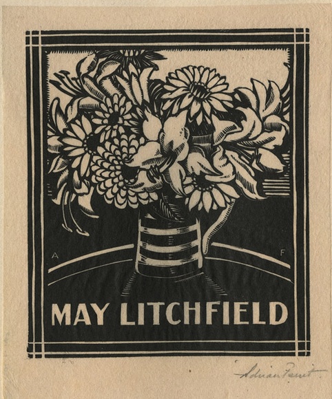 Artist: b'FEINT, Adrian' | Title: b'Bookplate: May Litchfield.' | Date: (1928) | Technique: b'wood-engraving, printed in black ink, from one block' | Copyright: b'Courtesy the Estate of Adrian Feint' Artist: b'FEINT, Adrian' | Title: b'Bookplate: May Litchfield.' | Date: (1928) | Technique: b'wood-engraving, printed in black ink, from one block' | Copyright: b'Courtesy the Estate of Adrian Feint'