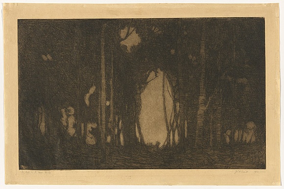 Artist: b'Traill, Jessie.' | Title: b'Hole in the trees.' | Date: 1914 | Technique: b'etching and aquatint, printed in warm black ink with plate-tone, from one zinc plate' Artist: b'Traill, Jessie.' | Title: b'Hole in the trees.' | Date: 1914 | Technique: b'etching and aquatint, printed in warm black ink with plate-tone, from one zinc plate'