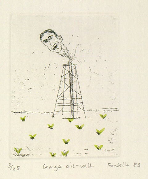 Artist: b'Fransella, Graham.' | Title: b'George oil-well.' | Date: 1983 | Technique: b'etching, printed in black ink, from one plate; hand-coloured' | Copyright: b'Courtesy of the artist' Artist: b'Fransella, Graham.' | Title: b'George oil-well.' | Date: 1983 | Technique: b'etching, printed in black ink, from one plate; hand-coloured' | Copyright: b'Courtesy of the artist'