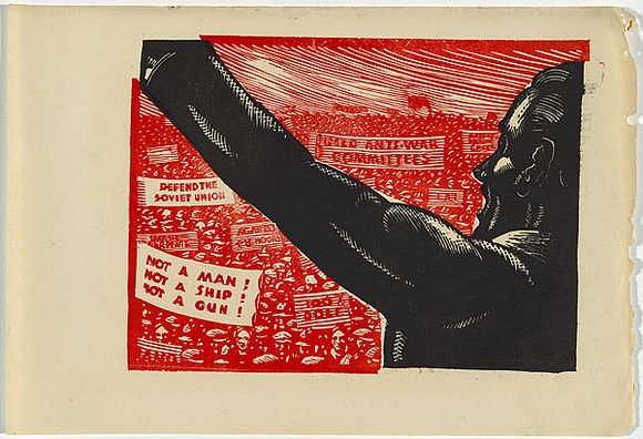 Artist: b'UNKNOWN, WORKER ARTISTS, SYDNEY, NSW' | Title: b'Not titled (speaker and crowd with banners).' | Date: 1933 | Technique: b'linocut, printed in colour, from two blocks (black and red)' Artist: b'UNKNOWN, WORKER ARTISTS, SYDNEY, NSW' | Title: b'Not titled (speaker and crowd with banners).' | Date: 1933 | Technique: b'linocut, printed in colour, from two blocks (black and red)'