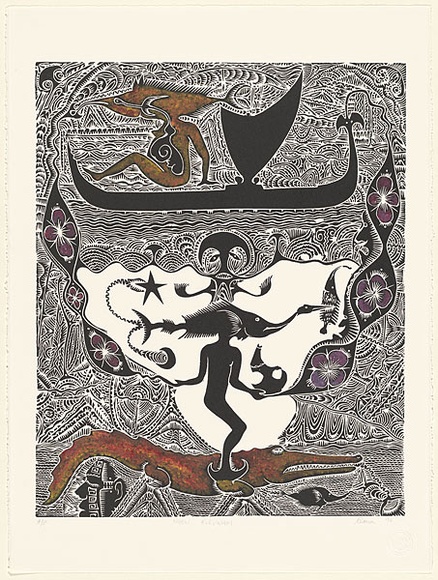 Artist: b'Nona, Dennis.' | Title: b'Ngaw kukuwam (The lovers)' | Date: 1996 | Technique: b'linocut, printed in black ink, from one block; hand-coloured with synthetic polymer paint' | Copyright: b'Courtesy of the artist and the Australia Art Print Network' Artist: b'Nona, Dennis.' | Title: b'Ngaw kukuwam (The lovers)' | Date: 1996 | Technique: b'linocut, printed in black ink, from one block; hand-coloured with synthetic polymer paint' | Copyright: b'Courtesy of the artist and the Australia Art Print Network'
