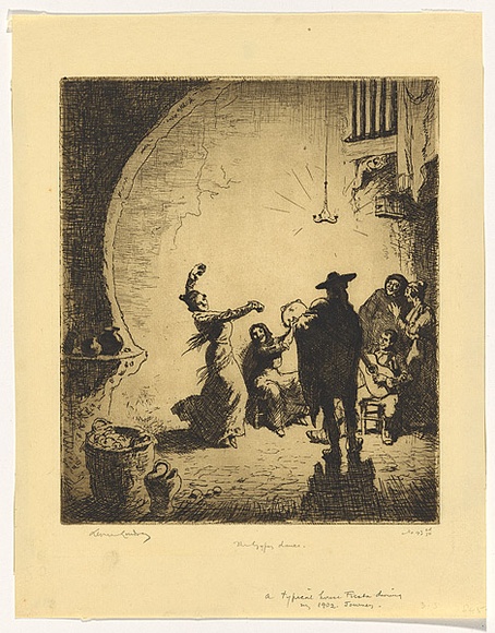 Artist: LINDSAY, Lionel | Title: The Gypsy dance | Date: 1919 | Technique: etching, printed in brown ink with plate-tone, from one plate | Copyright: Courtesy of the National Library of Australia Artist: LINDSAY, Lionel | Title: The Gypsy dance | Date: 1919 | Technique: etching, printed in brown ink with plate-tone, from one plate | Copyright: Courtesy of the National Library of Australia
