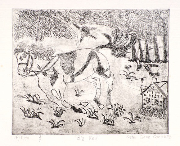 Artist: b'Connelly, Sister Clare.' | Title: b'Big Red.' | Date: 1979 | Technique: b'etching and aquatint, printed in black with plate-tone, from one plate' Artist: b'Connelly, Sister Clare.' | Title: b'Big Red.' | Date: 1979 | Technique: b'etching and aquatint, printed in black with plate-tone, from one plate'