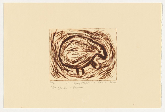 Artist: b'Napurrula Fisher, Topsy.' | Title: b'Janganpa - possum' | Date: 2004 | Technique: b'drypoint etching, printed in brown ink, from one perspex plate' Artist: b'Napurrula Fisher, Topsy.' | Title: b'Janganpa - possum' | Date: 2004 | Technique: b'drypoint etching, printed in brown ink, from one perspex plate'