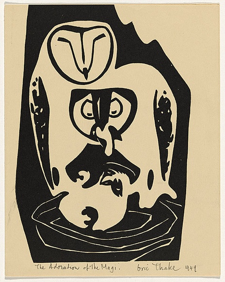 Artist: b'Thake, Eric.' | Title: b'Greeting card: Christmas (The Adoration of the Magi)' | Date: 1949 | Technique: b'linocut, printed in black ink, from one block' Artist: b'Thake, Eric.' | Title: b'Greeting card: Christmas (The Adoration of the Magi)' | Date: 1949 | Technique: b'linocut, printed in black ink, from one block'
