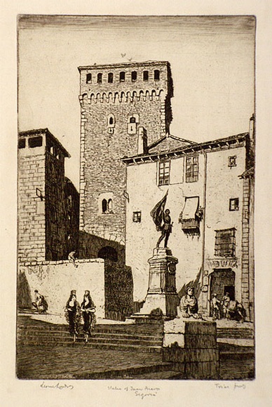 Artist: b'LINDSAY, Lionel' | Title: b'Statue of Don Juan Bravo, Segovia' | Date: 1945 | Technique: b'etching, printed in brown ink with plate-tone, from one plate' | Copyright: b'Courtesy of the National Library of Australia' Artist: b'LINDSAY, Lionel' | Title: b'Statue of Don Juan Bravo, Segovia' | Date: 1945 | Technique: b'etching, printed in brown ink with plate-tone, from one plate' | Copyright: b'Courtesy of the National Library of Australia'