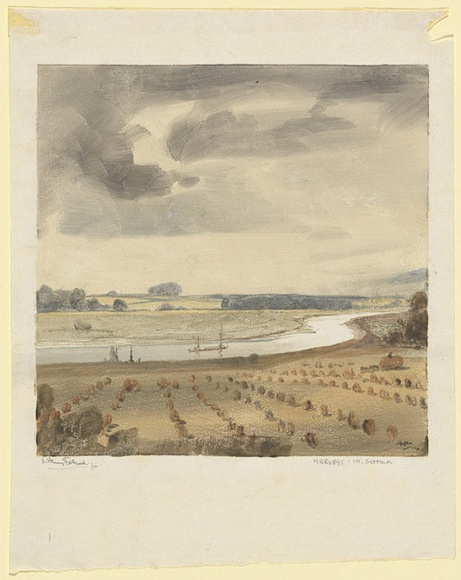 Artist: b'FULLWOOD, A.H.' | Title: b'Harvest in Suffolk.' | Date: 1914 | Technique: b'monotype, printed in colour, from one plate' Artist: b'FULLWOOD, A.H.' | Title: b'Harvest in Suffolk.' | Date: 1914 | Technique: b'monotype, printed in colour, from one plate'