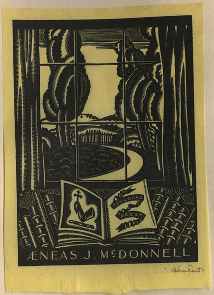 Artist: b'FEINT, Adrian' | Title: b'Bookplate: Aeneas J McDonnell.' | Date: (1933) | Technique: b'wood-engraving, printed in black ink, from one block' | Copyright: b'Courtesy the Estate of Adrian Feint' Artist: b'FEINT, Adrian' | Title: b'Bookplate: Aeneas J McDonnell.' | Date: (1933) | Technique: b'wood-engraving, printed in black ink, from one block' | Copyright: b'Courtesy the Estate of Adrian Feint'