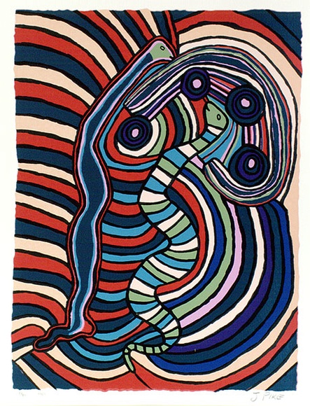 Artist: b'Pike, Jimmy.' | Title: b'Kalpurtu - watersnakes' | Date: 1987 | Technique: b'screenprint, printed in colour, from multiple stencils' Artist: b'Pike, Jimmy.' | Title: b'Kalpurtu - watersnakes' | Date: 1987 | Technique: b'screenprint, printed in colour, from multiple stencils'