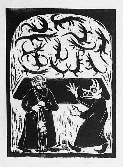 Artist: b'Allen, Joyce.' | Title: b'(Wizard Agonis protecting Pai Korri and Winnie from Wizard Lambertia) (Illustration 7).' | Date: 1987 | Technique: b'linocut, printed in black ink, from one block' Artist: b'Allen, Joyce.' | Title: b'(Wizard Agonis protecting Pai Korri and Winnie from Wizard Lambertia) (Illustration 7).' | Date: 1987 | Technique: b'linocut, printed in black ink, from one block'
