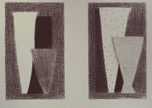 Artist: b'Lincoln, Kevin.' | Title: b'Two still lifes (black)' | Date: 1994 | Technique: b'lithograph, printed in purple-black ink from one stone' Artist: b'Lincoln, Kevin.' | Title: b'Two still lifes (black)' | Date: 1994 | Technique: b'lithograph, printed in purple-black ink from one stone'