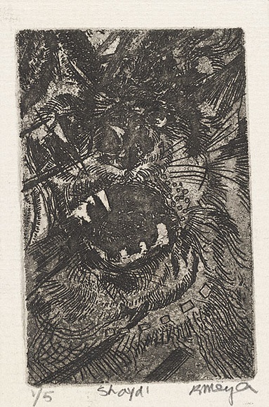 Artist: b'MEYER, Bill' | Title: b'Shayd.' | Date: 1968 | Technique: b'etching and aquatint, printed in black ink, from one copper plate' | Copyright: b'\xc2\xa9 Bill Meyer' Artist: b'MEYER, Bill' | Title: b'Shayd.' | Date: 1968 | Technique: b'etching and aquatint, printed in black ink, from one copper plate' | Copyright: b'\xc2\xa9 Bill Meyer'