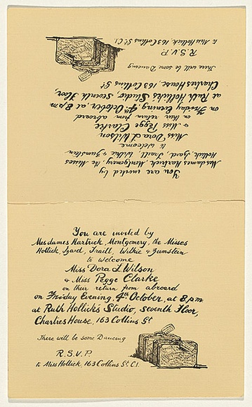 Artist: b'Hollick, Ruth.' | Title: b'You are invited by Mes dames Hartrict, Montgomery, the Misses Hollick, Izard, Traill, Wilkie & Zumstein.' | Date: c.1930 | Technique: b'photograph, two images' Artist: b'Hollick, Ruth.' | Title: b'You are invited by Mes dames Hartrict, Montgomery, the Misses Hollick, Izard, Traill, Wilkie & Zumstein.' | Date: c.1930 | Technique: b'photograph, two images'