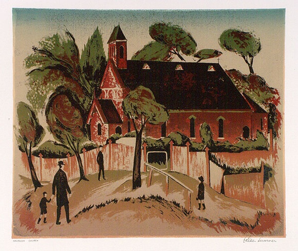 Artist: b'Sumner, Alan.' | Title: b'Macedon church' | Date: 1947 | Technique: b'screenprint, printed in colour, from five stencils' Artist: b'Sumner, Alan.' | Title: b'Macedon church' | Date: 1947 | Technique: b'screenprint, printed in colour, from five stencils'
